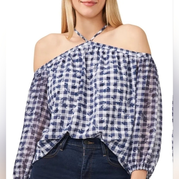 1 State Plus Size Gingham Blue/White Crepe Off the Shoulder Blouse - Picture 1 of 9